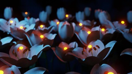Wall Mural - Magic glowing flowers unfolding and blossoming at night in fantasy garden