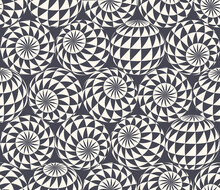 Checkered Triangles Patterned Balls In Different Positions Psychedelic Art Seamless Abstract Vector Black White Motley Background. Acid Trip Crazy Repetitive Wallpaper. Weird Magnetic Abstraction