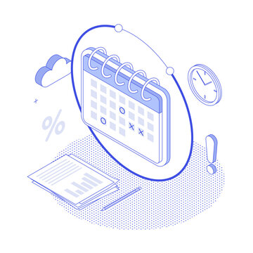 Calendar, plan, presentation, infographic, schedule. Isometric vector illustration flat design isolated. Outline, linear style, line art, editable stroke. 