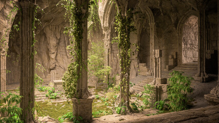 Fototapete - 3D illustration of dark mysterious fantasy temple built into a mountain cave and overgrown with wild plants.