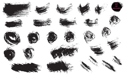 A set of brush strokes. A collection of vector abstract black lines, circles, strokes for grunge design isolated on a white background.