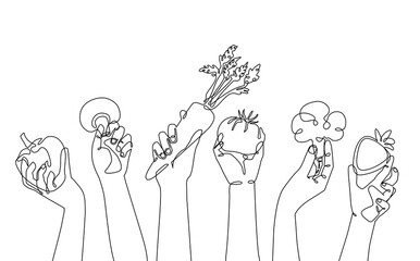 Set of peope hands holding food. Cooking Background. Continuous line drywing style. Vector illustration.