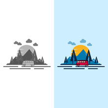 Travel With Camper Van. Adventure, Vintage Car, Outdoor Recreation, Adventures In Nature, Vacation. Vector Illustration In Flat Design.