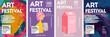 © katedraw - Art posters for art festival. Posters for art exhibition of painting, sculpture and music. Vector illustration of colorful abstract background, girl with pink hair, pack of juice, dark abstract backgr