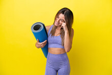 Sport Woman Going To Yoga Classes While Holding A Mat Isolated Non Yellow Background Laughing