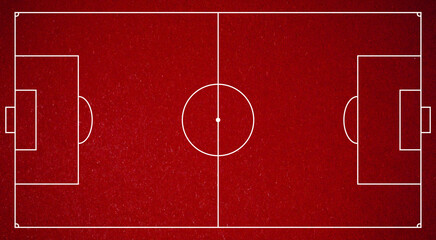 Concept of football field. Soccer field illustration. Red scratched noisy textured background top view.