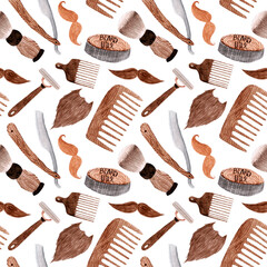 Watercolor pattern with barber wooden tools, cosmetic, mustache on white background. For barber products, father etc.