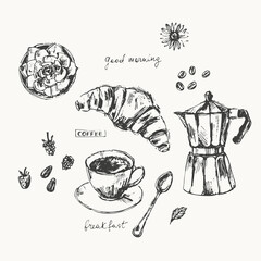 Hand drawn sketch of pastry breakfast dessert bakery food, coffee moka pot, espresso cup set