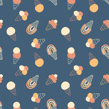 Vintage Seamless Pattern With Rainbow Ice Cream In 1960 Style. Retro Groovy Print For Fabric, Paper, T-shirt. Aesthetic Background For Decor And Design.