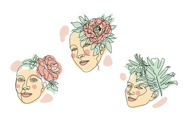 Set of one single line drawings of girl faces with flowers and pastel neutral shapes. Abstract minimalist trendy line art.