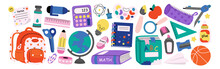 Set Of Study School Supplies: Backpack, Pencils, Brushes, Paints, Ruler, Sharpener, Stickers, Calculator, Books, Glue, Globe. Children's Cute Stationery Subjects. Back To School. Flat Illustration.