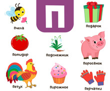 Russian Alphabet. Written In Russian Bee, Gift, Piglet, Tomato, Snowdrop, Cake, Gloves, Rooster