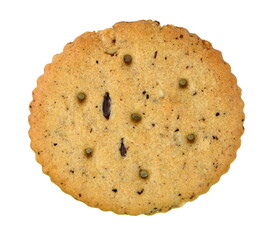 Wall Mural - Top view wheat cracker. A single piece whole meal oat biscuit isolated on white background.