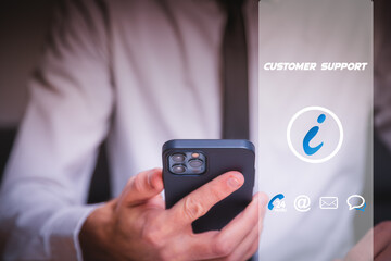 Poster - businessman holding smartphone to contact the customer support