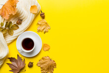 Flat Lay Composition With Colorful Autumn Cup Of Coffee And Leaves On A Color Background. Top View
