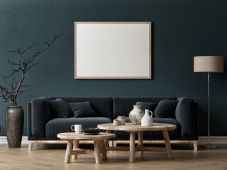 Wall Mural - Blank poster in blue living room background, 3d illustration