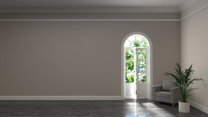 Wall Mural - Armchair against a white wall. Arched balcony door in the interior. Room with a large window. Parquet floor in the apartment. 3D visualization.