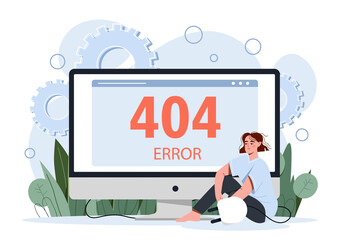 Poster - error 404 concept. young woman sits next to computer screen and plug pulled out of socket. loss of c