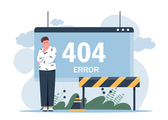 Poster - error 404 concept. young man stands next to digital website page, fence and cone. no connection or e