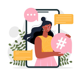 Poster - social media mention. woman in smartphone holds hashtag. modern technologies, online marketing and p