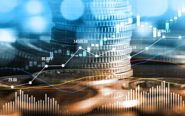 Finance and money technology background concept of business prosperity and asset management . Creative graphic show economy and financial growth by investment in valuable asset to gain wealth profit .