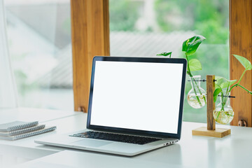 Stylish workspace with laptop computer, office supplies, plant.