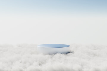 Wall Mural - 3d render platform and Natural sliver podium background on the high clouds at day time for product display, Blank showcase, mock up template or cosmetic presentation with empty round stage