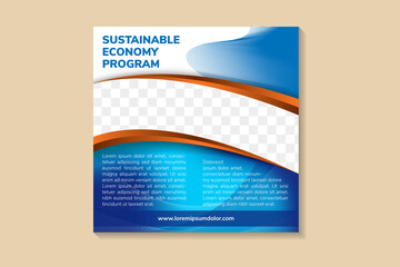 Wall Mural - Sustainable economy program design banner for social media post template. Dot halftone and line pattern elements. Space for photo and text. Square layout with combination white and blue colors. 