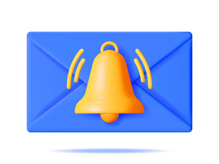 Poster - 3D Mail Envelope with Bell Notification New Message Isolated. Blue Paper Letter Icon with Notification Gold Bell. New or Unread Email. Message, Contact, Letter and Document. Vector Illustration