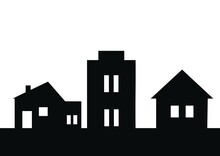 Town, Group Of Three Houses, Vector Icon, Black Silhouette