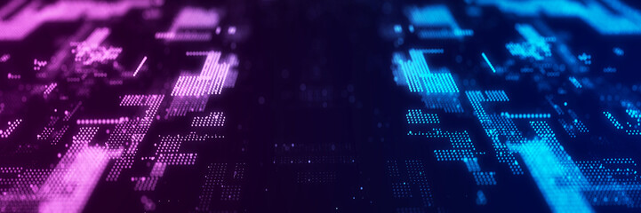 Futuristic double circuit board concept. Progressive IT technologies. Digital data flow concept. Big data visualization. 3d rendering.
