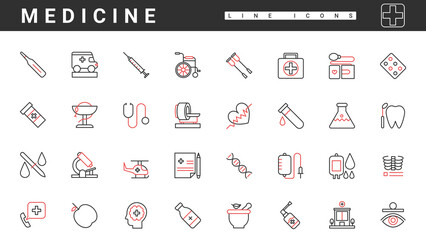 Medical equipment, pharmacy and emergency medkit thin red black line icons set vector illustration. Abstract prescription recipe for pills and drugs, capsules and syringe treatment, MRI, wheelchair