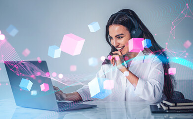 Poster - Businesswoman working with laptop, data blocks in cyberspace, metaverse