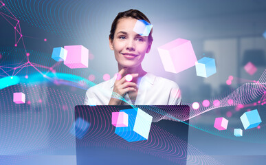 Poster - businesswoman with laptop, data blocks in cyberspace, metaverse and virtual reality