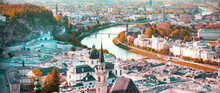 Banner Travel With  Panoramic View In A Autumn Season At A Historic City Of Salzburg With Salzach River In Beautiful Golden Evening Light Sky And Colorful Of Autumn At Sunset, Salzburger Land, Austria