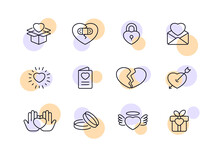 Relationships Set Icon. Heart, Box, Lock, Oath, Broken, Band Aid, Invitation, Arrow, Hands, Wedding Rings, Marriage, Angel, Gift, Wings And Halo. Love Concept. Vector Line Icon For Business