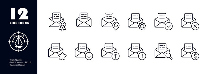 Poster - Emails set icon. Letter, envelope, winners badge, pointer, send location, gear, tick, cross, upload, download, magnifier, message, dollar, important, exclamation mark. Vector line icon for Business