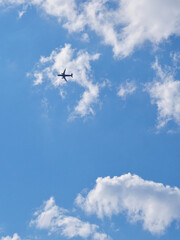 Wall Mural - The passenger airplane is flying far away in the blue sky and white clouds. Aircraft in the air. Light vertical background or illustration about international passenger air transportation