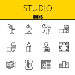 Poster - studio vector line icons set. microphone, desk lamp and earphones Icons. Thin line design. Modern outline graphic elements, simple stroke symbols stock illustration