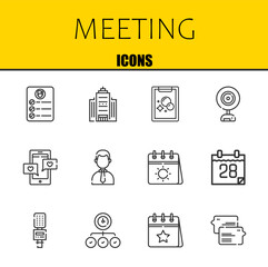 Poster - meeting vector line icons set. task, office building and tasks Icons. Thin line design. Modern outline graphic elements, simple stroke symbols stock illustration