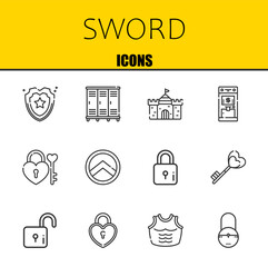Poster - sword vector line icons set. shield, lockers and castle Icons. Thin line design. Modern outline graphic elements, simple stroke symbols stock illustration