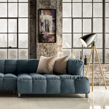 Gemütliche Couchgarnitur Mit Textilbezug Präsentiert In Einem Loft-Ambiente (detail) - 3D Visualisierung