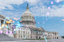 Capitol Dome Building Exterior, Washington DC, USA. Home Of Congress, Capitol Hill. American Political System. Forex Graph Hologram. The Concept Of Internet Trading, Brokerage And Fundamental Analysis