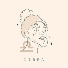 Wall Mural - libra zodiac sign. one line drawing. astrological icon with abstract woman face. mystery and esoteri