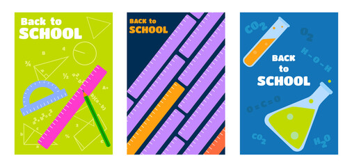 Back to school. Flask and test tube, rulers, mathematical formulas, geometric figures, transpartier, pencil. The concept of learning, science, math and chemistry lessons. Set of flat backgrounds