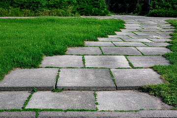 Sticker - curved park way made of square stone tiles overgrown with grass in a park with a green lawn close-up of path on parkland near plants lit by sun, nobody.