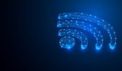 Leinwandbilder - Abstract low poly wireframe mesh of wifi signal communication concept. Blue polygonal line connection with particle dot and glow structure 3D vector.