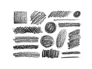 Aufkleber - Soft charcoal bold smears, wide brush stroke geometric shapes. Hand drawn scribble sketch banners, circle and square shapes. Charcoal pencil scribbles with noise texture. Abstract graphite smears