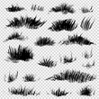 Black abstract different shapes grass or  fur thick brush textured strokes on imitation transparent background