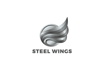 Sticker - Wings Logo in Circle design vector template 3D Metallic Style. Metal Wing Steel Mascot Emblem